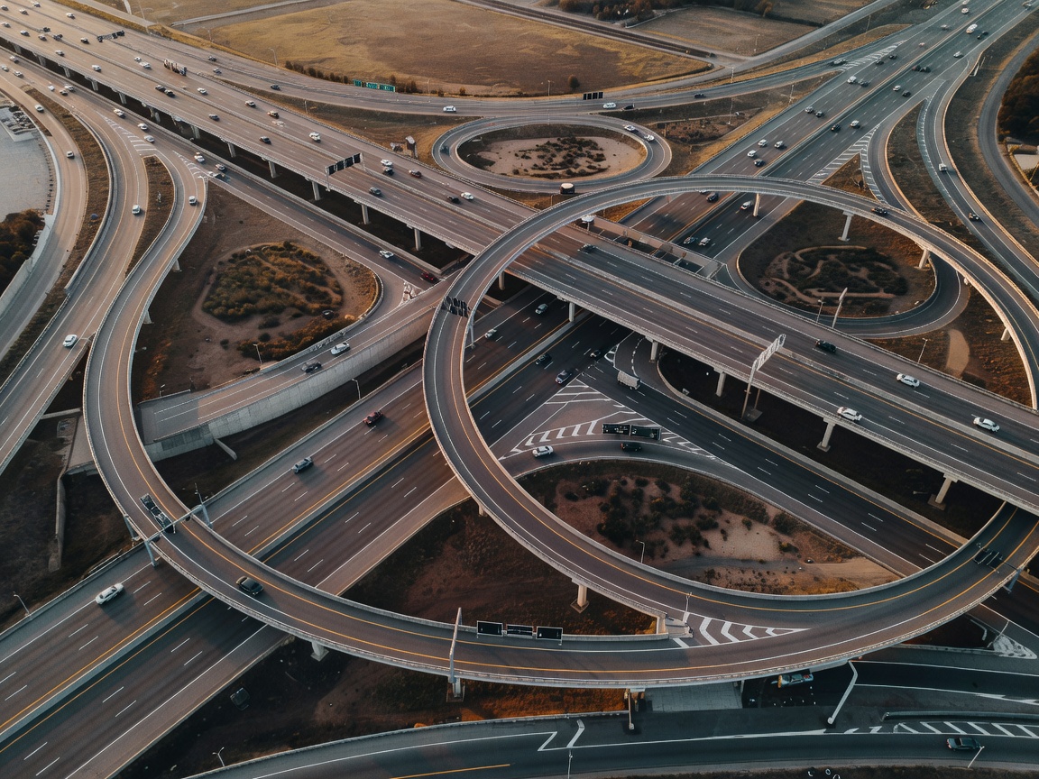 Aerial view of a complex highway interchange indicating route coordination