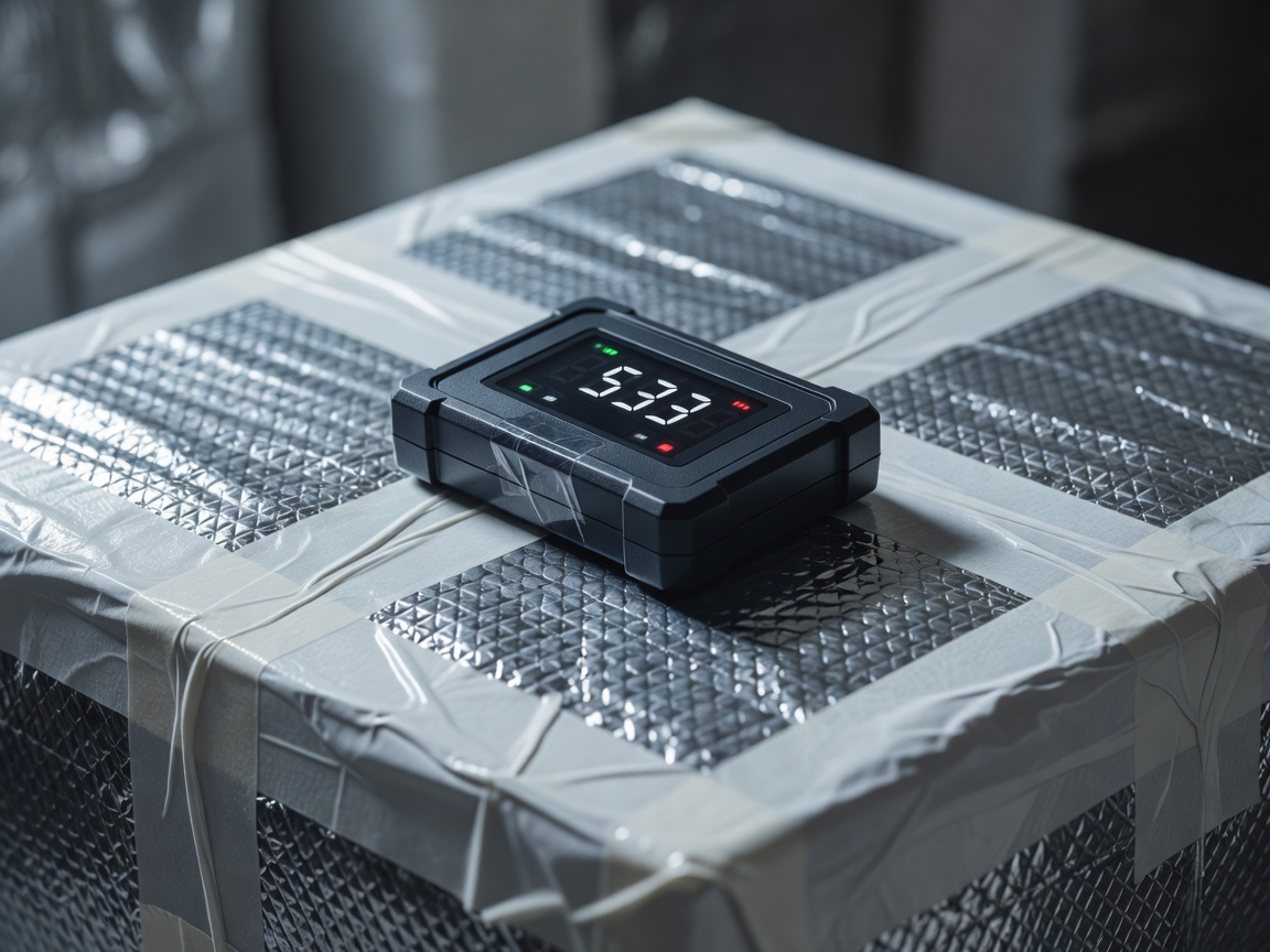 Close up of a digital temperature data logger on an insulated package