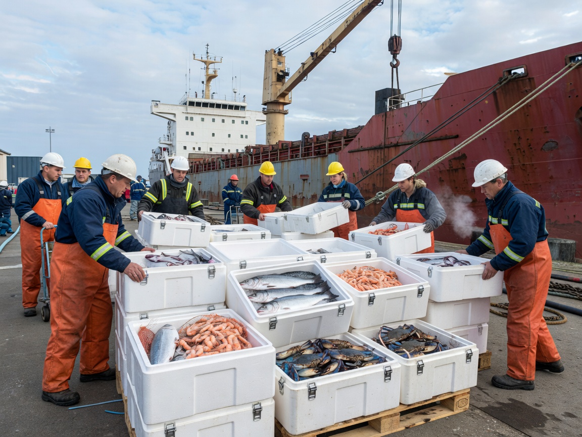 Dockworkers organizing insulated crates of seafood beside a cargo vessel