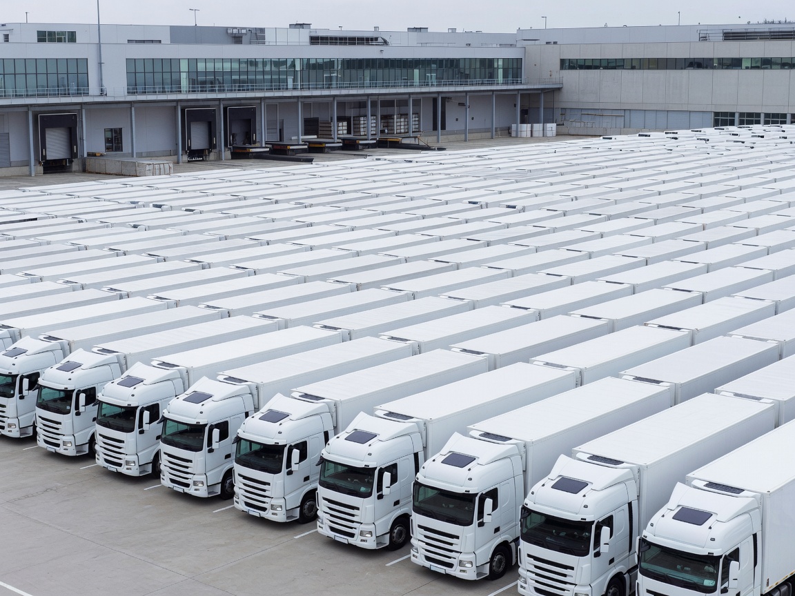 Fleet of modern white refrigerated trucks parked at a European logistics center