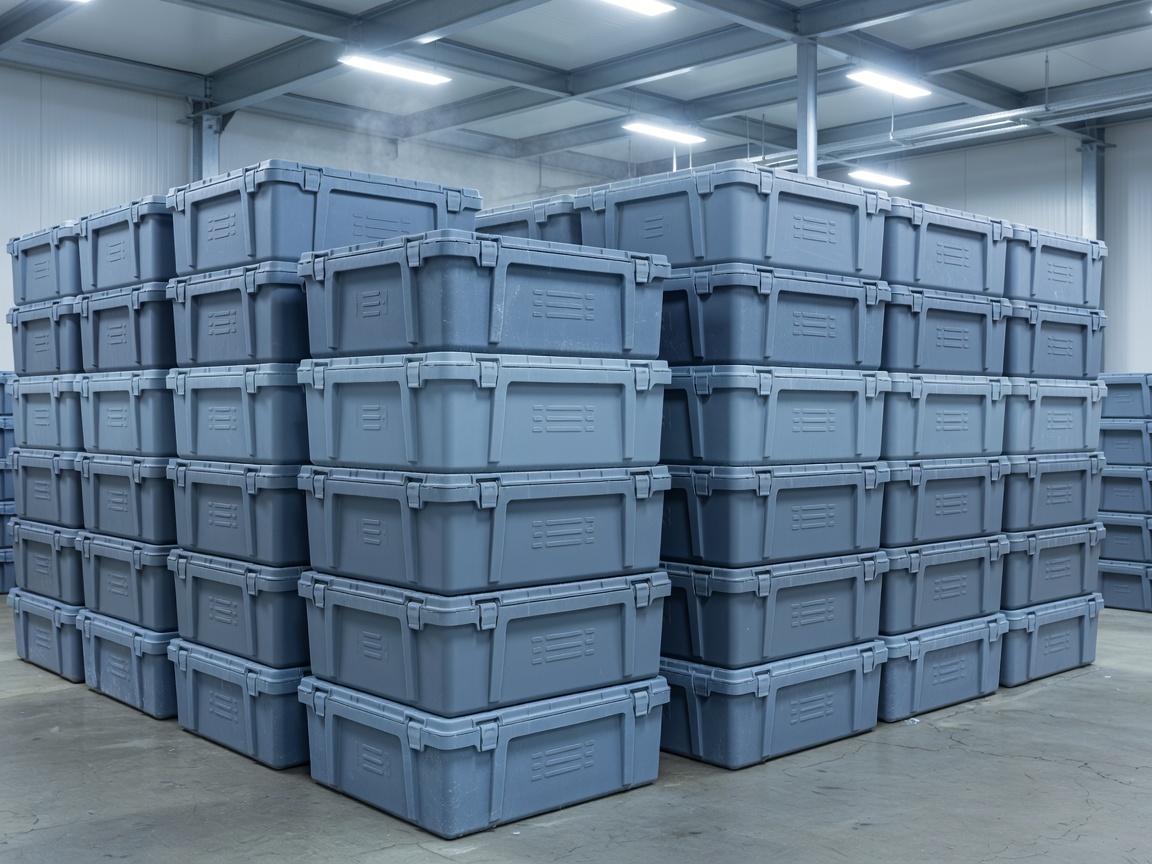 Insulated seafood transport crates stacked in a chilled facility