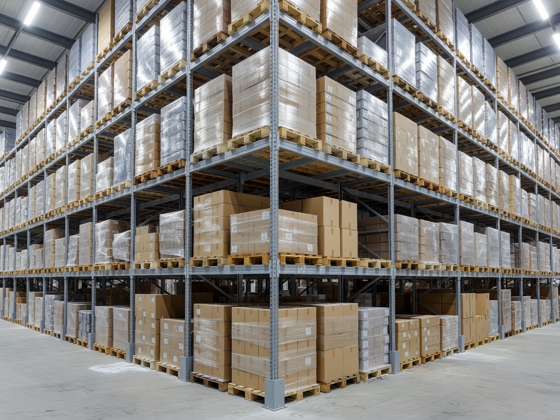 Pallets of packaged goods sitting on tall industrial racks in a temperature controlled facility