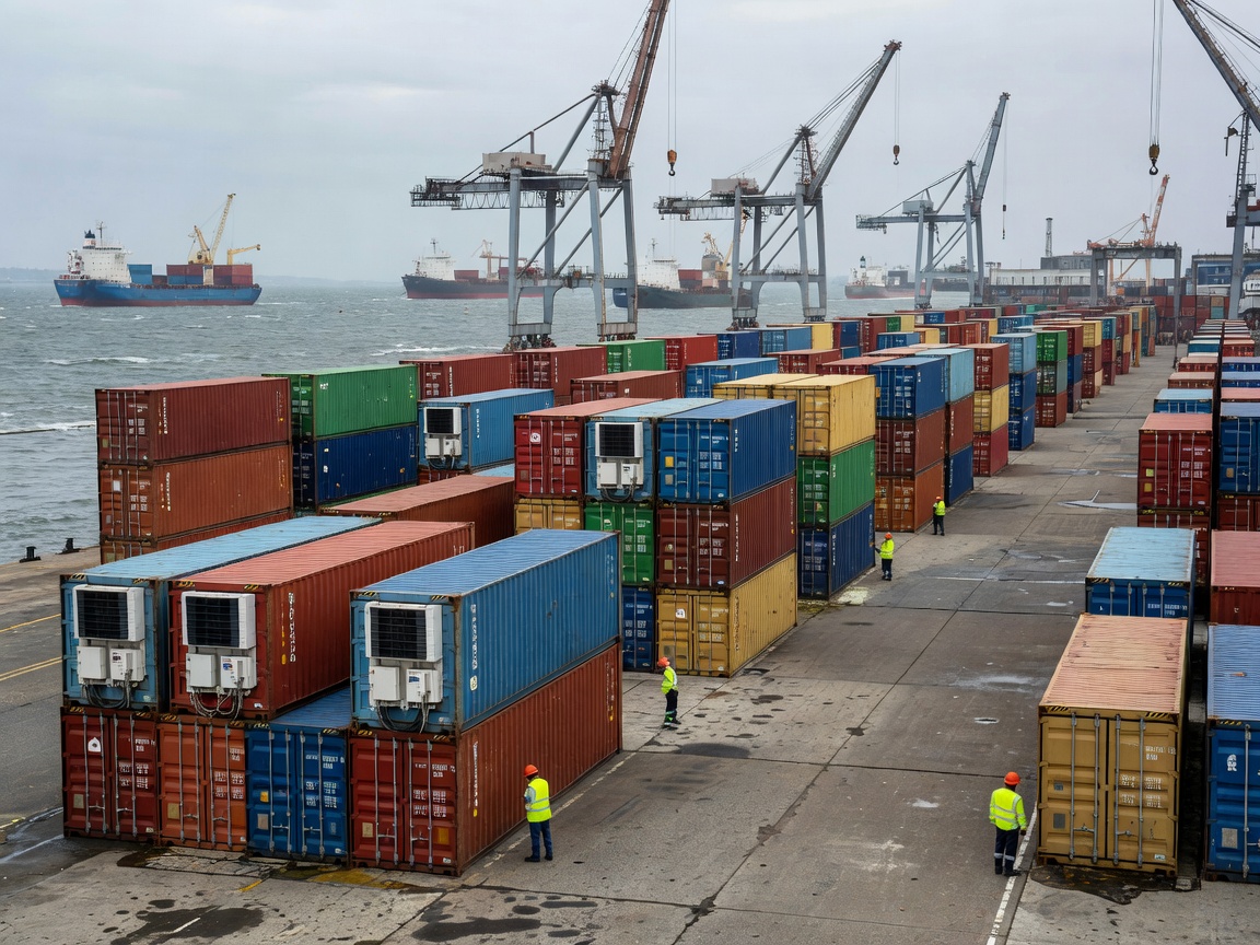 Refrigerated shipping containers lined up at a coastal European port facility