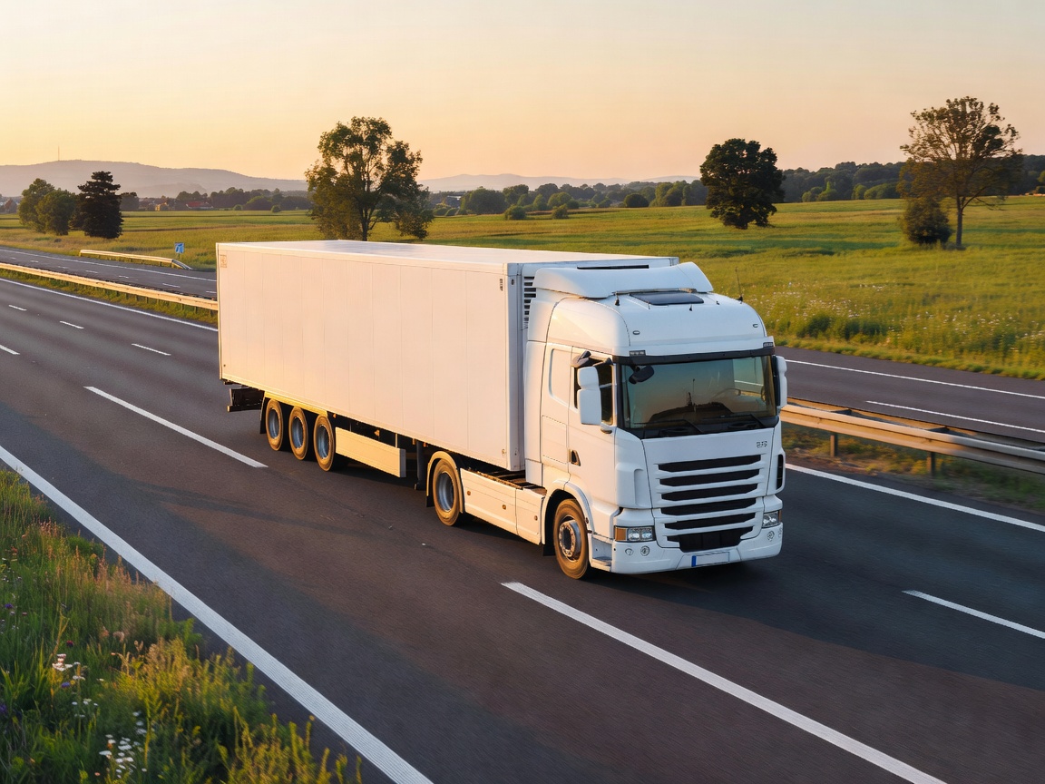 White refrigerated transport truck traveling on a European highway