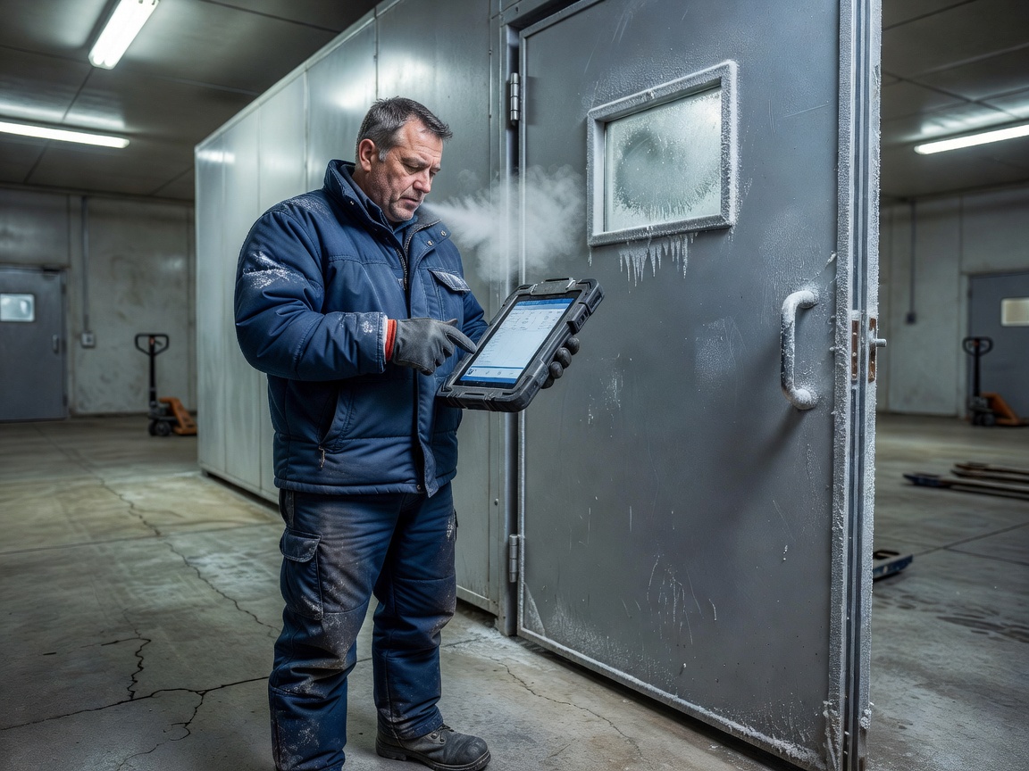 Worker checking a digital temperature log on a clipboard outside a cold room